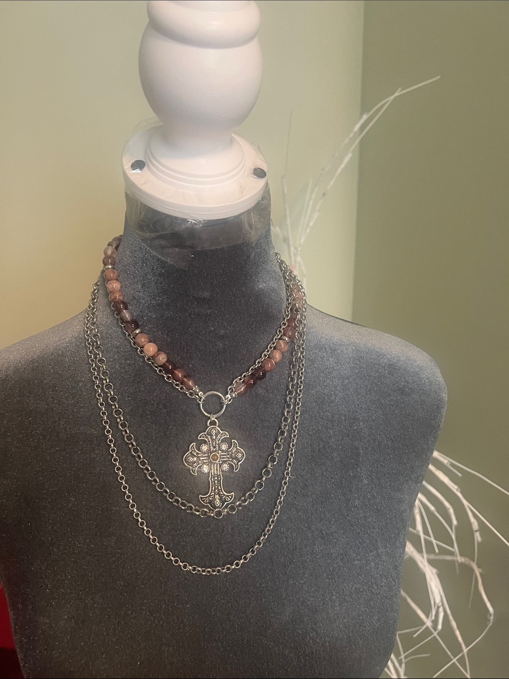 Free People Multi-Strand Beaded Cross Necklace - Pink/Brown Beads  Silver Chains